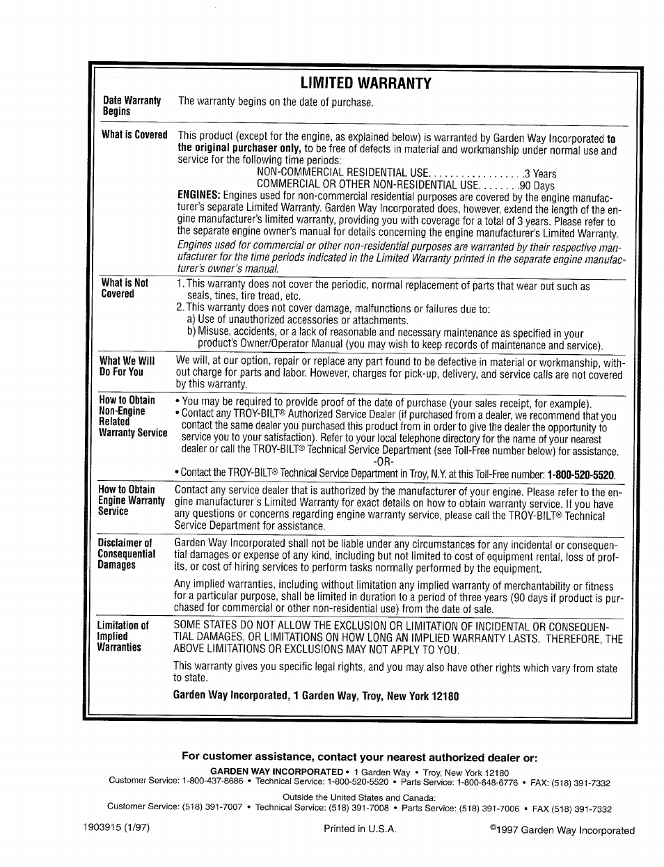 Liiviited warranty | Troy-Bilt 12157 User Manual | Page 24 / 24