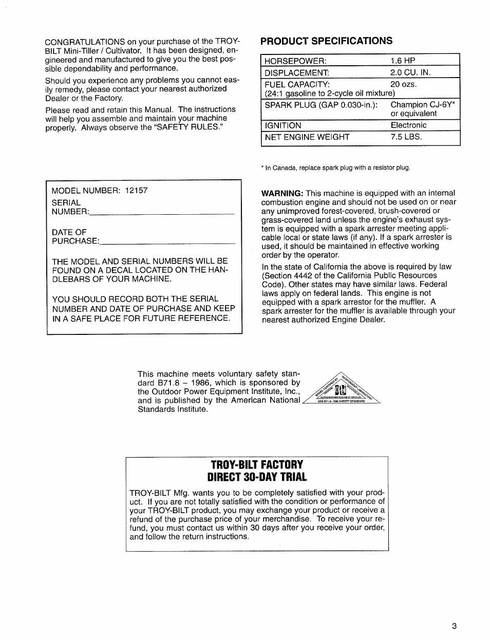 Troy-bilt factory direct 30-day trial | Troy-Bilt 12157 User Manual | Page 3 / 24