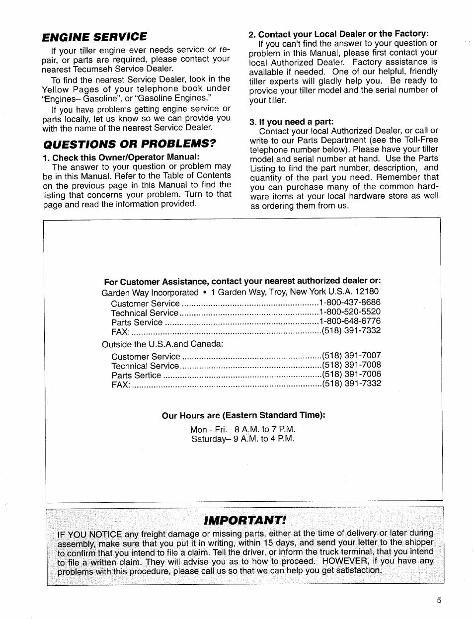 Engine service, Questions or problems, Important | Troy-Bilt 12157 User Manual | Page 5 / 24