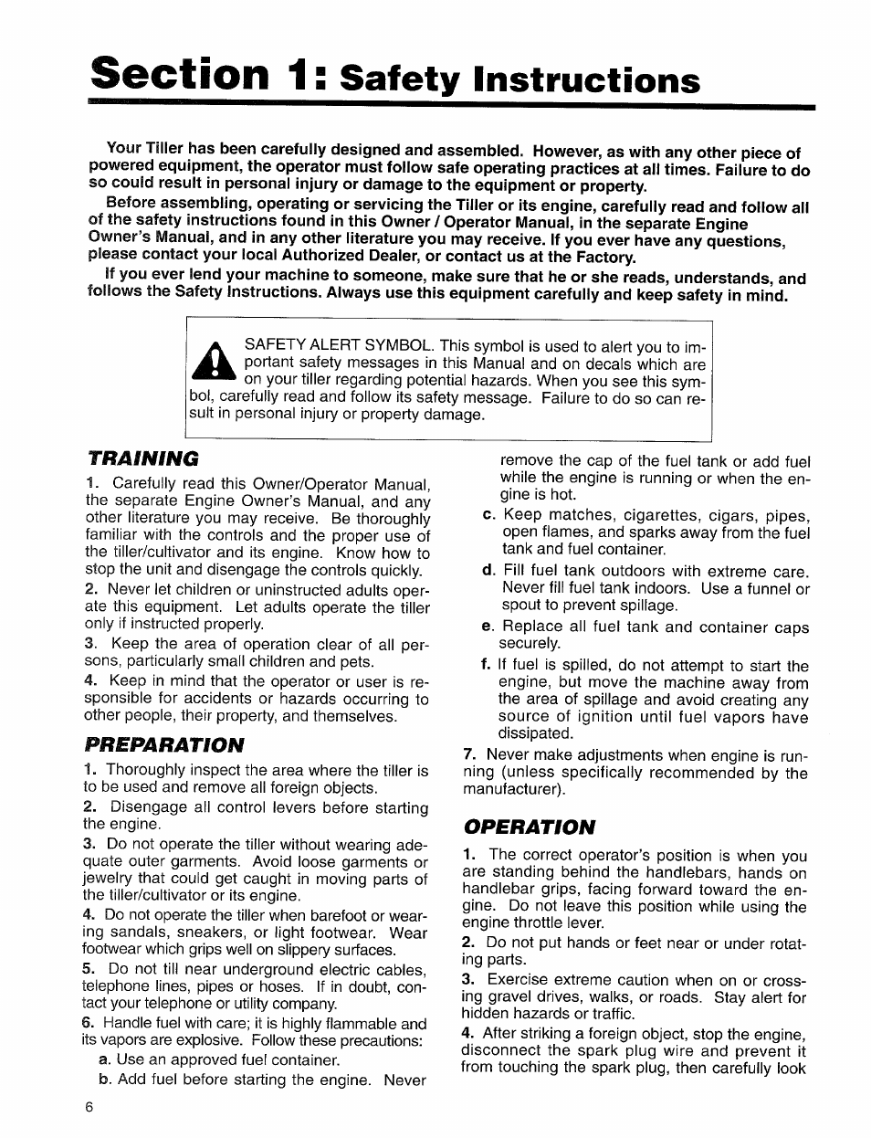 Training, Preparation, Operation | Safety instructions | Troy-Bilt 12157 User Manual | Page 6 / 24