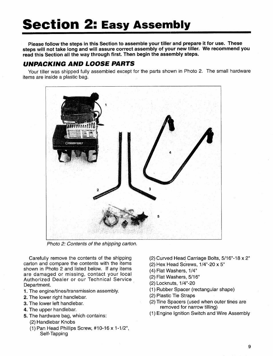 Unpacking and loose parts, Easy assembly | Troy-Bilt 12157 User Manual | Page 9 / 24