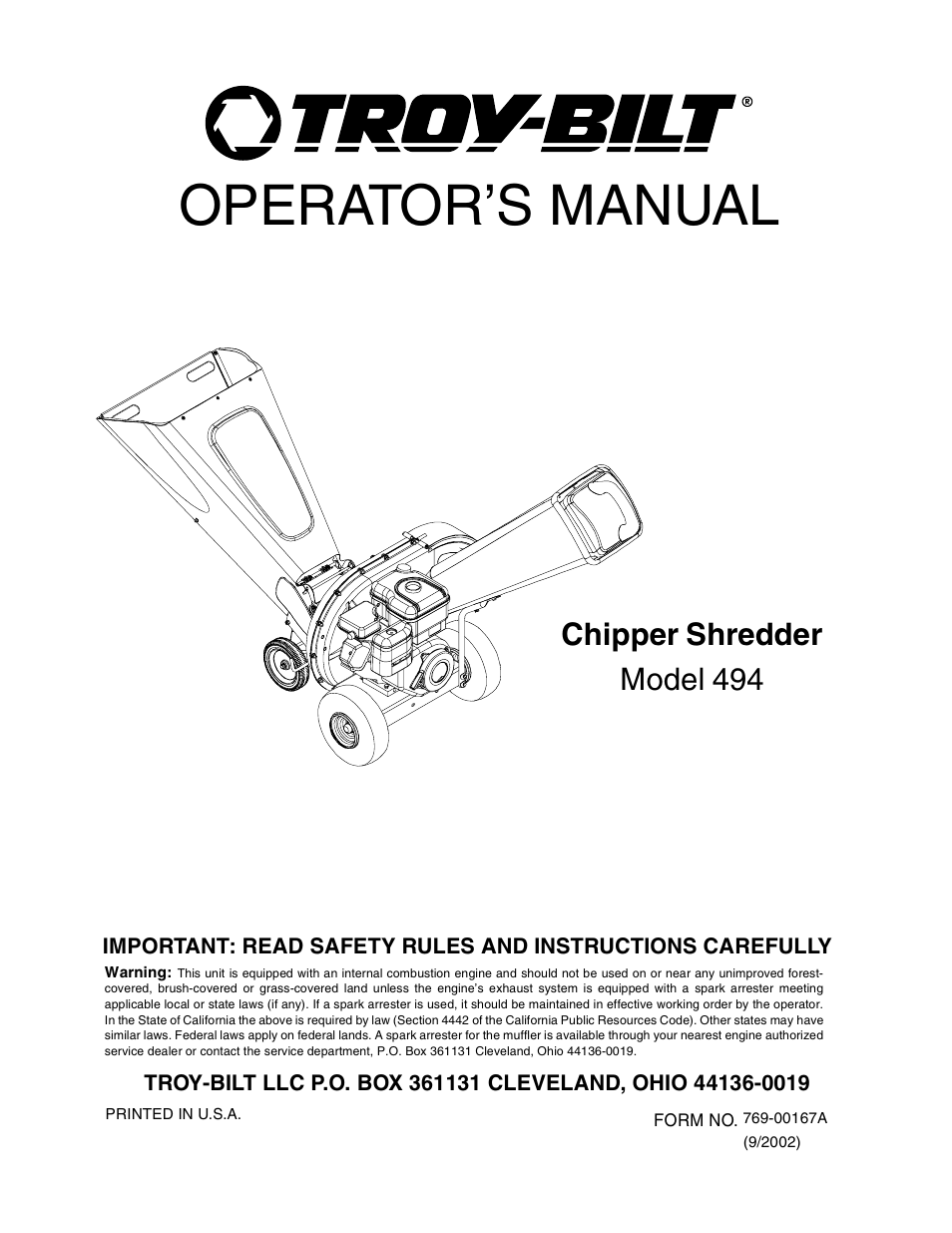 Troy-Bilt 494 User Manual | 16 pages