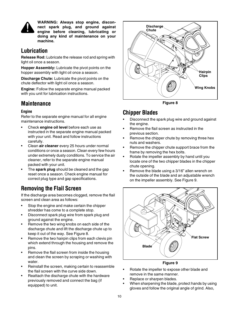 Lubrication, Maintenance, Removing the flail screen | Chipper blades | Troy-Bilt 494 User Manual | Page 10 / 16