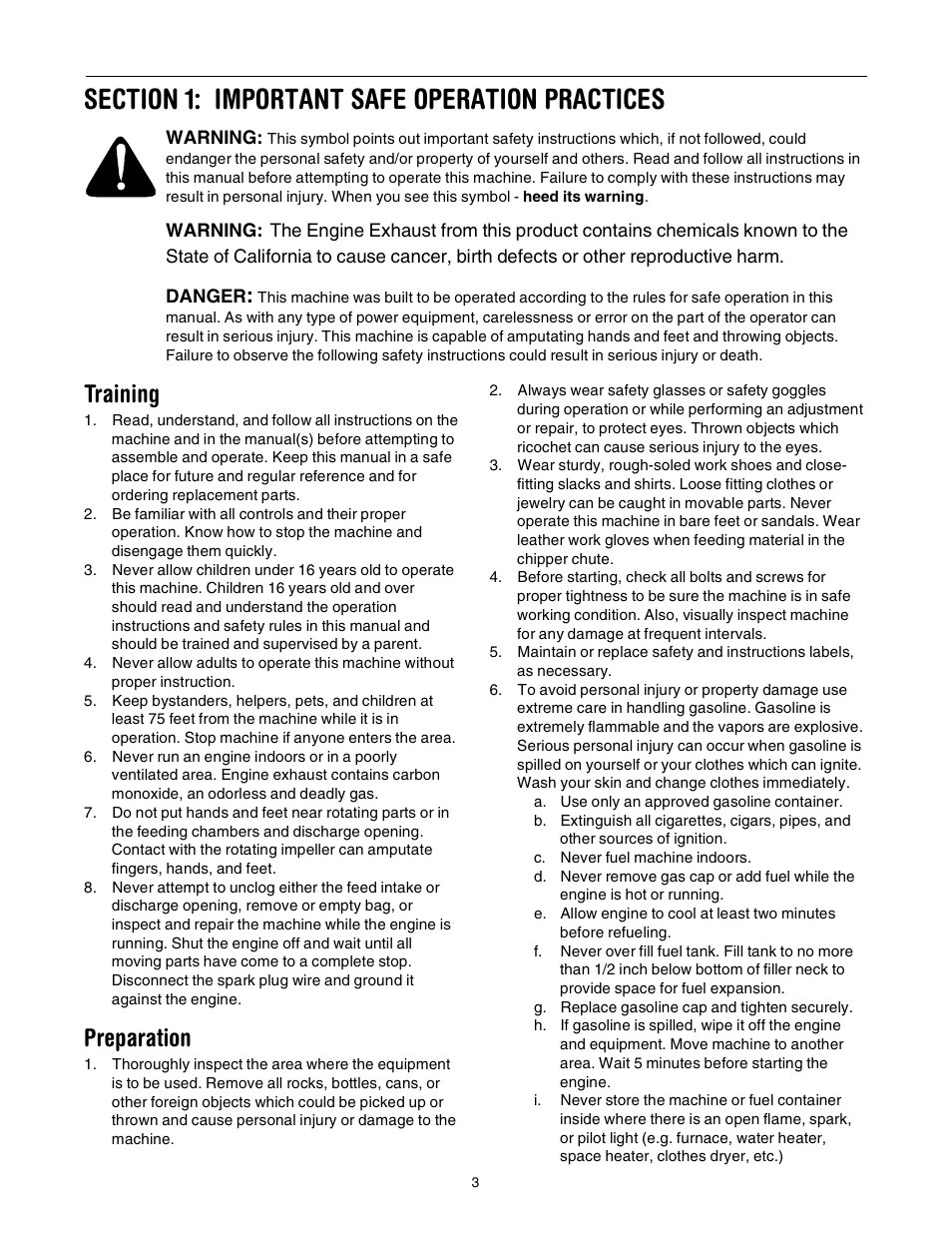 Training, Preparation | Troy-Bilt 494 User Manual | Page 3 / 16