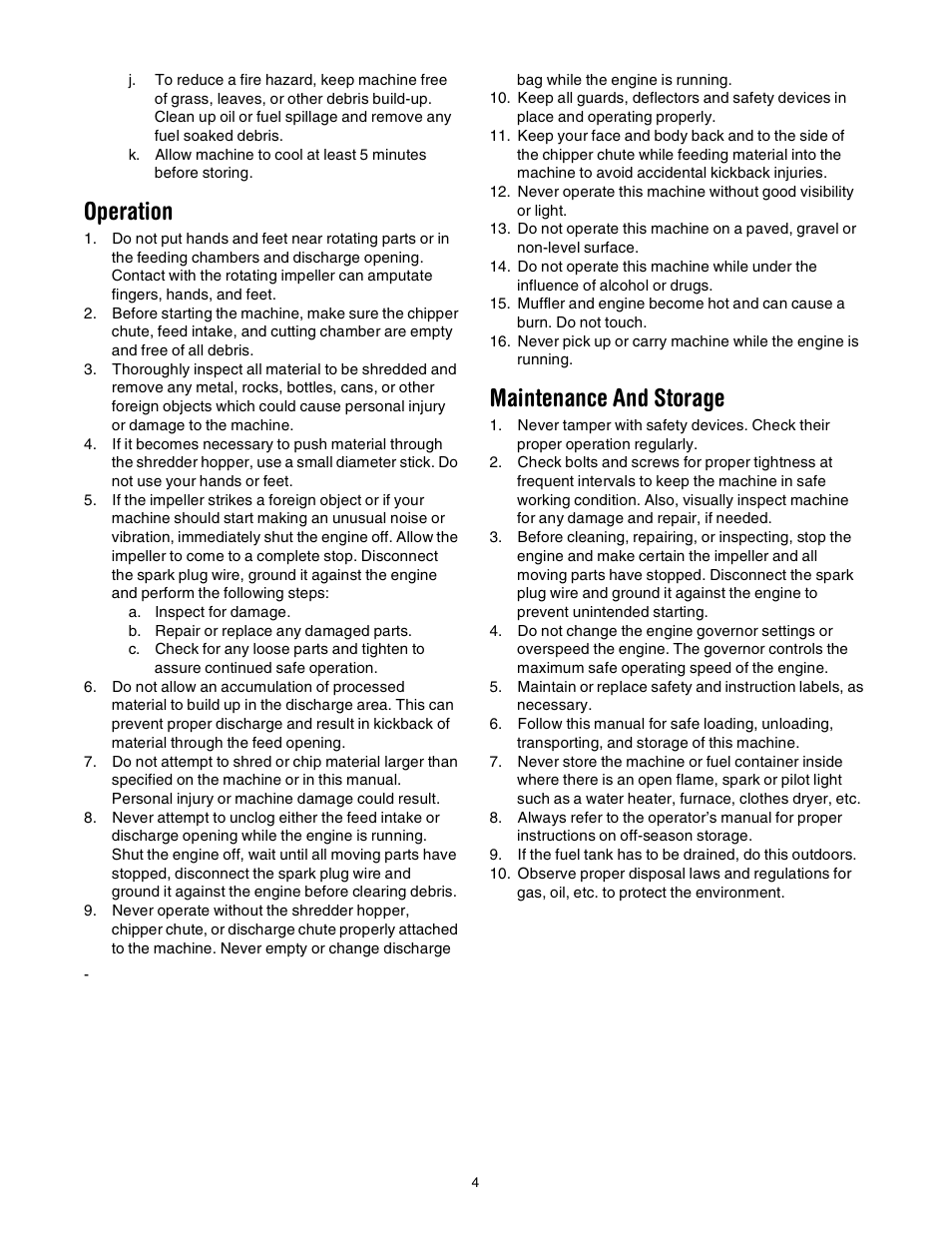 Operation, Maintenance and storage | Troy-Bilt 494 User Manual | Page 4 / 16