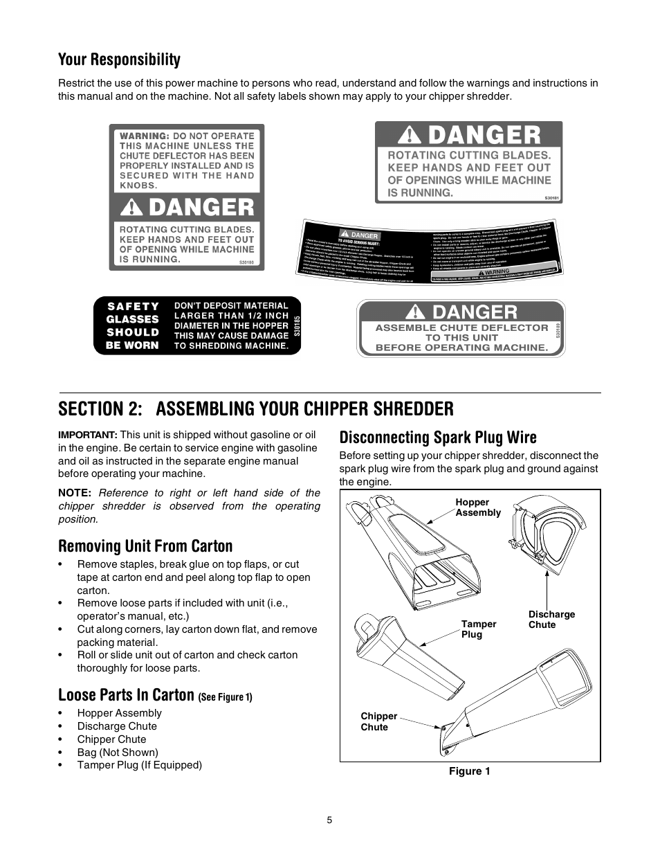 Your responsibility, Removing unit from carton, Loose parts in carton | Disconnecting spark plug wire | Troy-Bilt 494 User Manual | Page 5 / 16