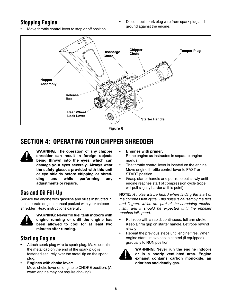 Stopping engine, Gas and oil fill-up, Starting engine | Troy-Bilt 494 User Manual | Page 8 / 16