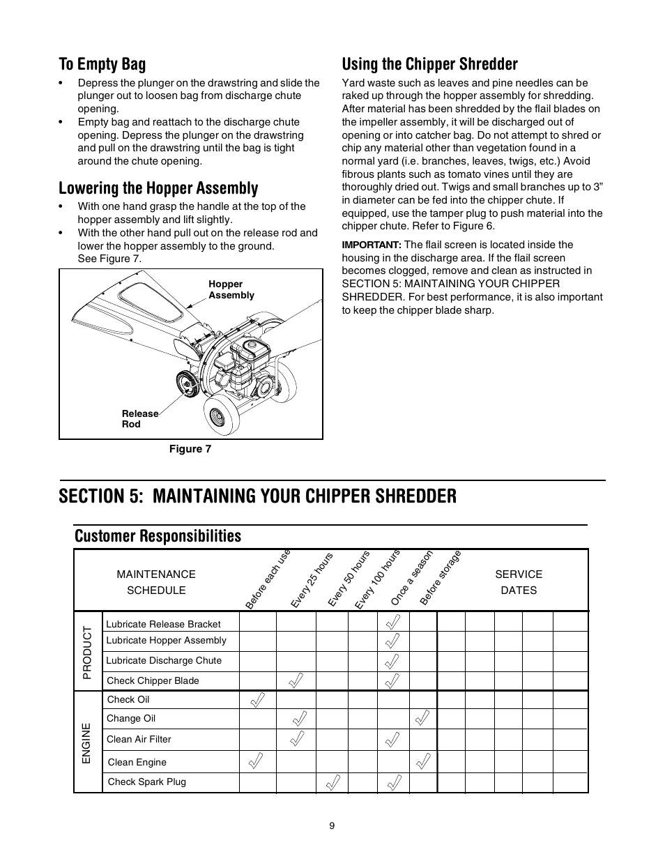 Lowering the hopper assembly, Using the chipper shredder, Customer responsibilities | Troy-Bilt 494 User Manual | Page 9 / 16