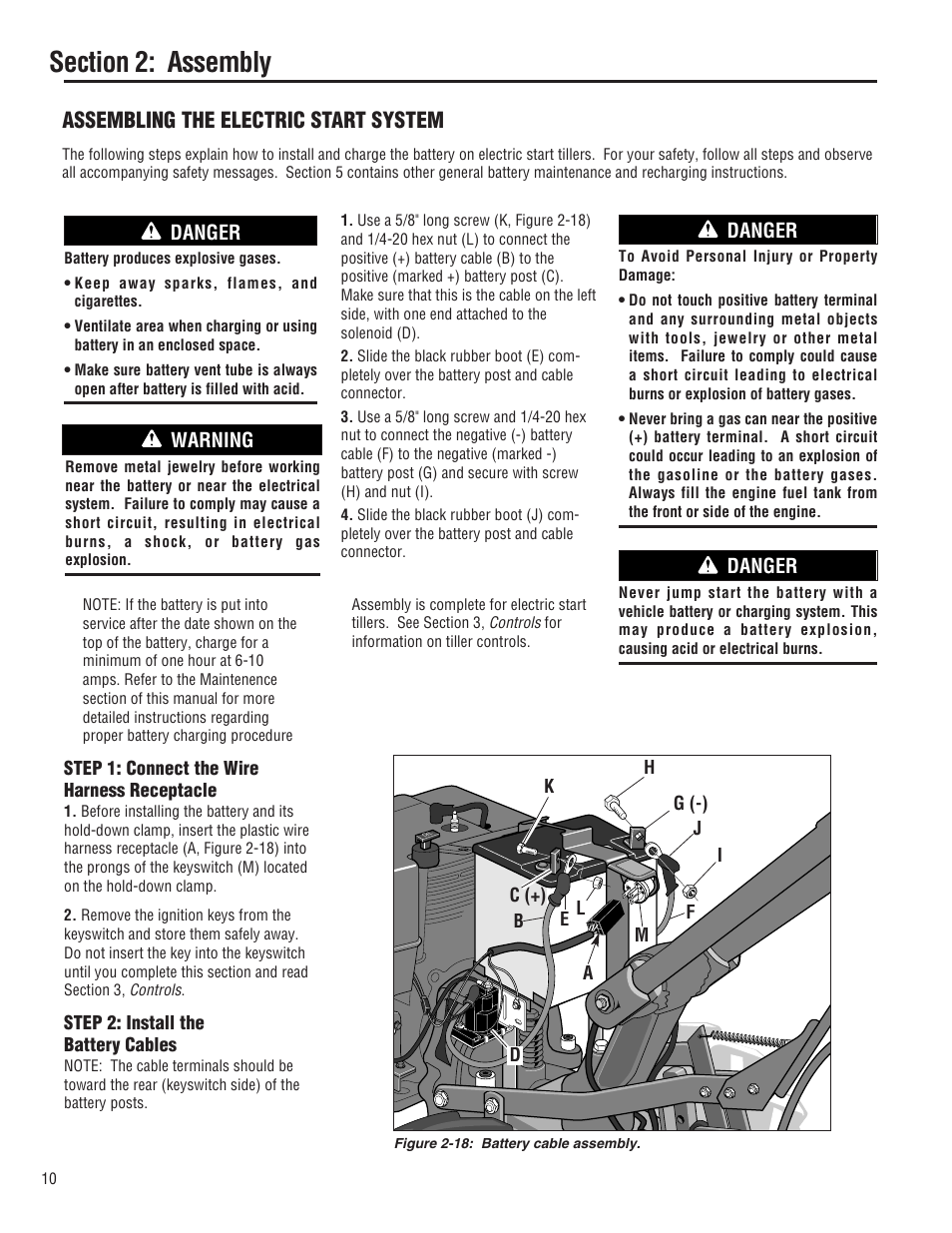 Assembling the electric start system, Danger, Warning | Troy-Bilt E682L-Horse User Manual | Page 10 / 64