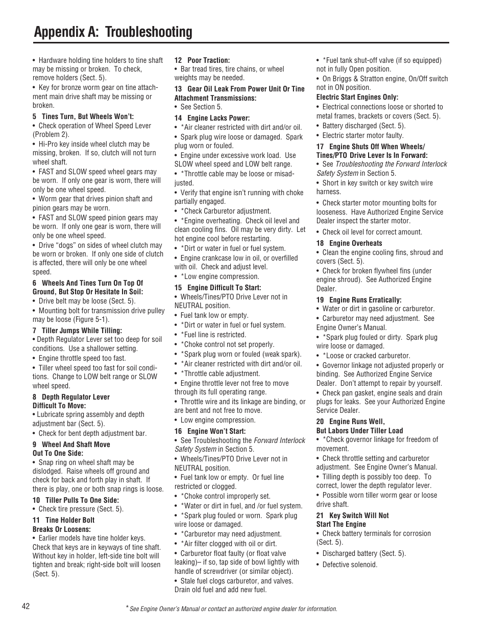 Appendix a: troubleshooting | Troy-Bilt E682L-Horse User Manual | Page 42 / 64