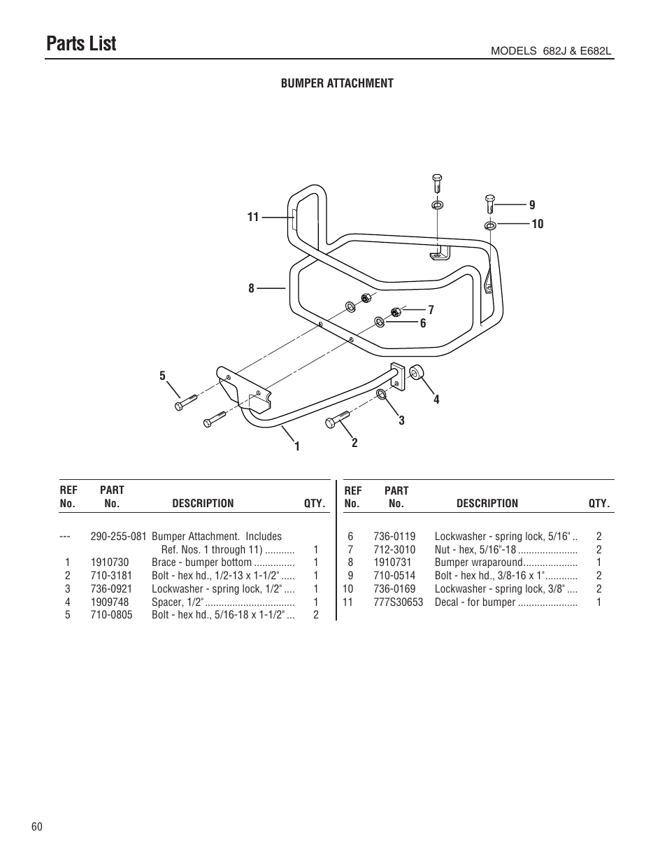 Parts list | Troy-Bilt E682L-Horse User Manual | Page 60 / 64