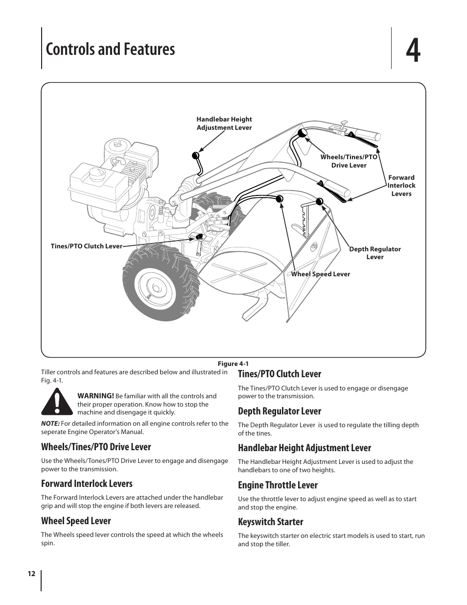 Controls and features, Wheels/tines/pto drive lever, Forward interlock levers | Wheel speed lever, Tines/pto clutch lever, Depth regulator lever, Handlebar height adjustment lever, Engine throttle lever, Keyswitch starter | Troy-Bilt 682 User Manual | Page 12 / 44