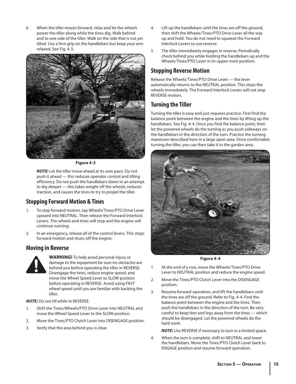 Stopping forward motion & tines, Moving in reverse, Stopping reverse motion | Turning the tiller | Troy-Bilt 682 User Manual | Page 15 / 44