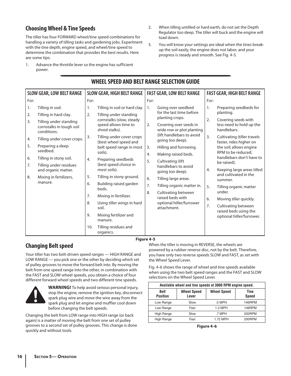 Choosing wheel & tine speeds, Changing belt speed, Wheel speed and belt range selection guide | Slow gear, low belt range, Slow gear, high belt range, Fast gear, low belt range, Fast gear, high belt range | Troy-Bilt 682 User Manual | Page 16 / 44