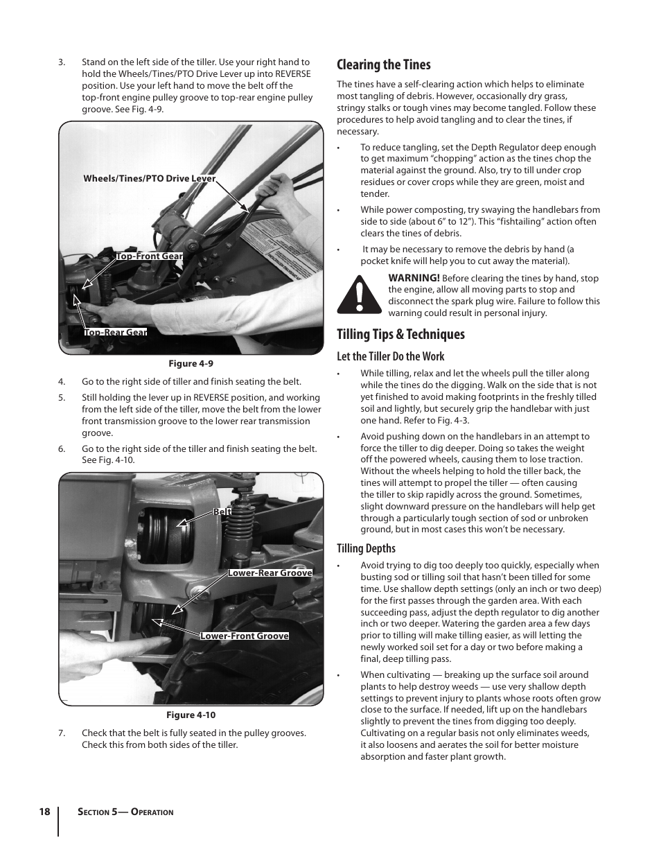 Clearing the tines, Tilling tips & techniques, Let the tiller do the work | Tilling depths | Troy-Bilt 682 User Manual | Page 18 / 44