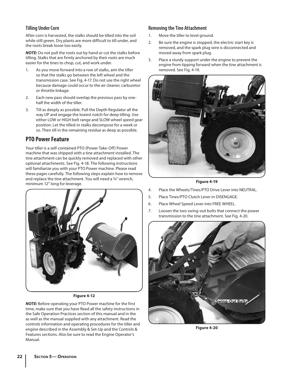 Pto power feature, Tilling under corn, Removing the tine attachment | Troy-Bilt 682 User Manual | Page 22 / 44