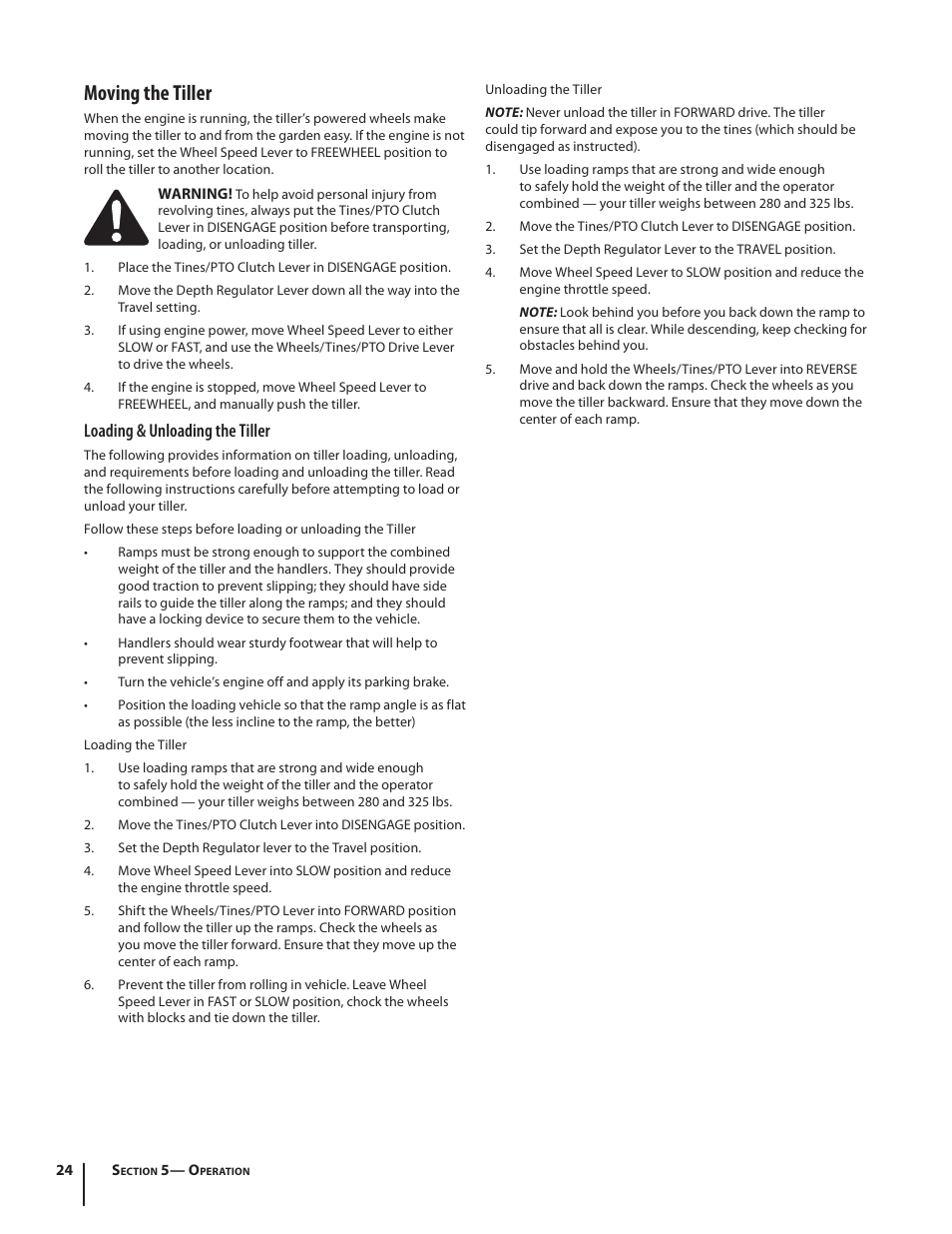 Moving the tiller, Loading & unloading the tiller | Troy-Bilt 682 User Manual | Page 24 / 44