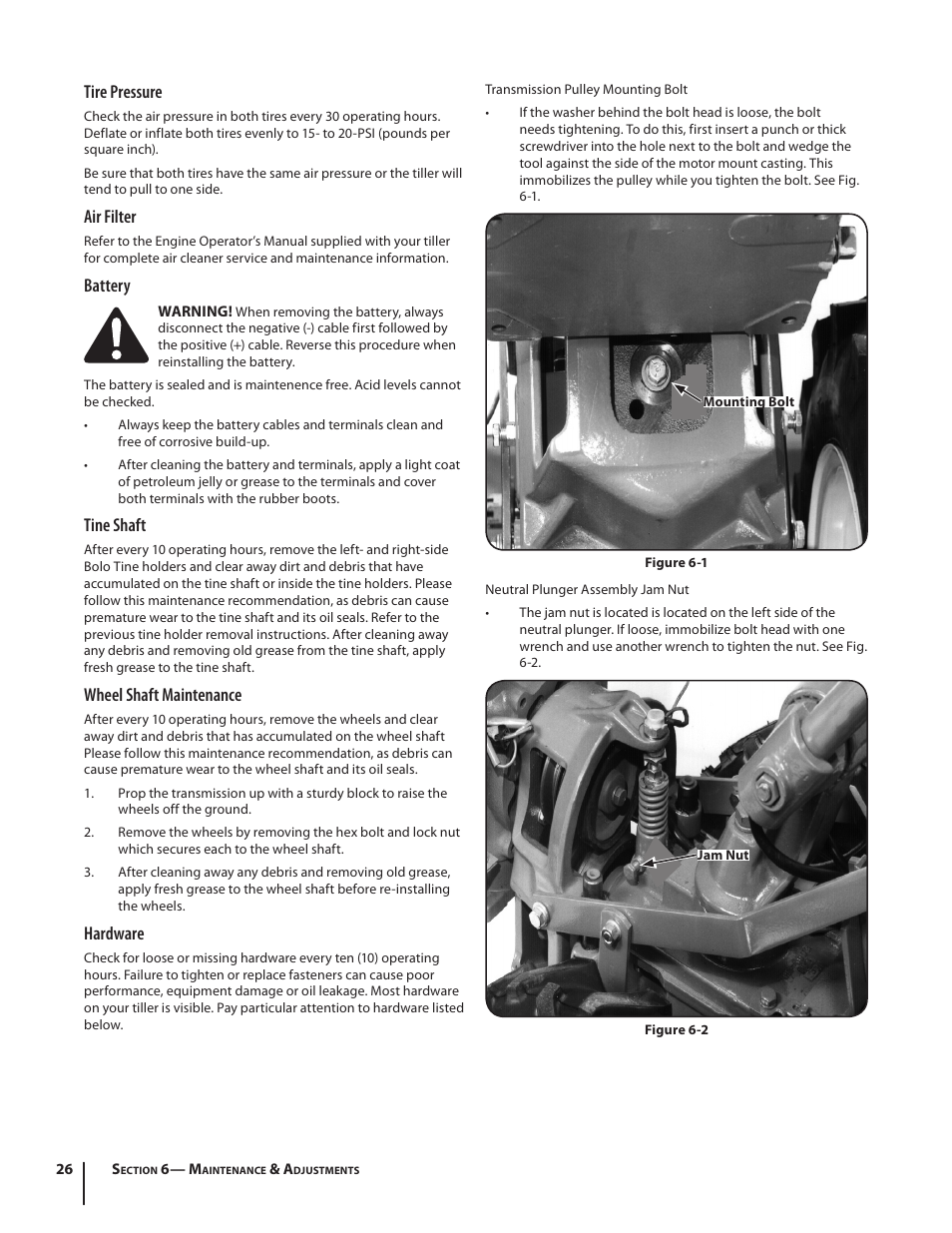 Tire pressure, Air filter, Battery | Tine shaft, Wheel shaft maintenance, Hardware | Troy-Bilt 682 User Manual | Page 26 / 44