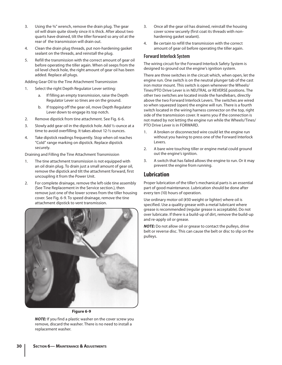 Lubrication, Forward interlock system | Troy-Bilt 682 User Manual | Page 30 / 44