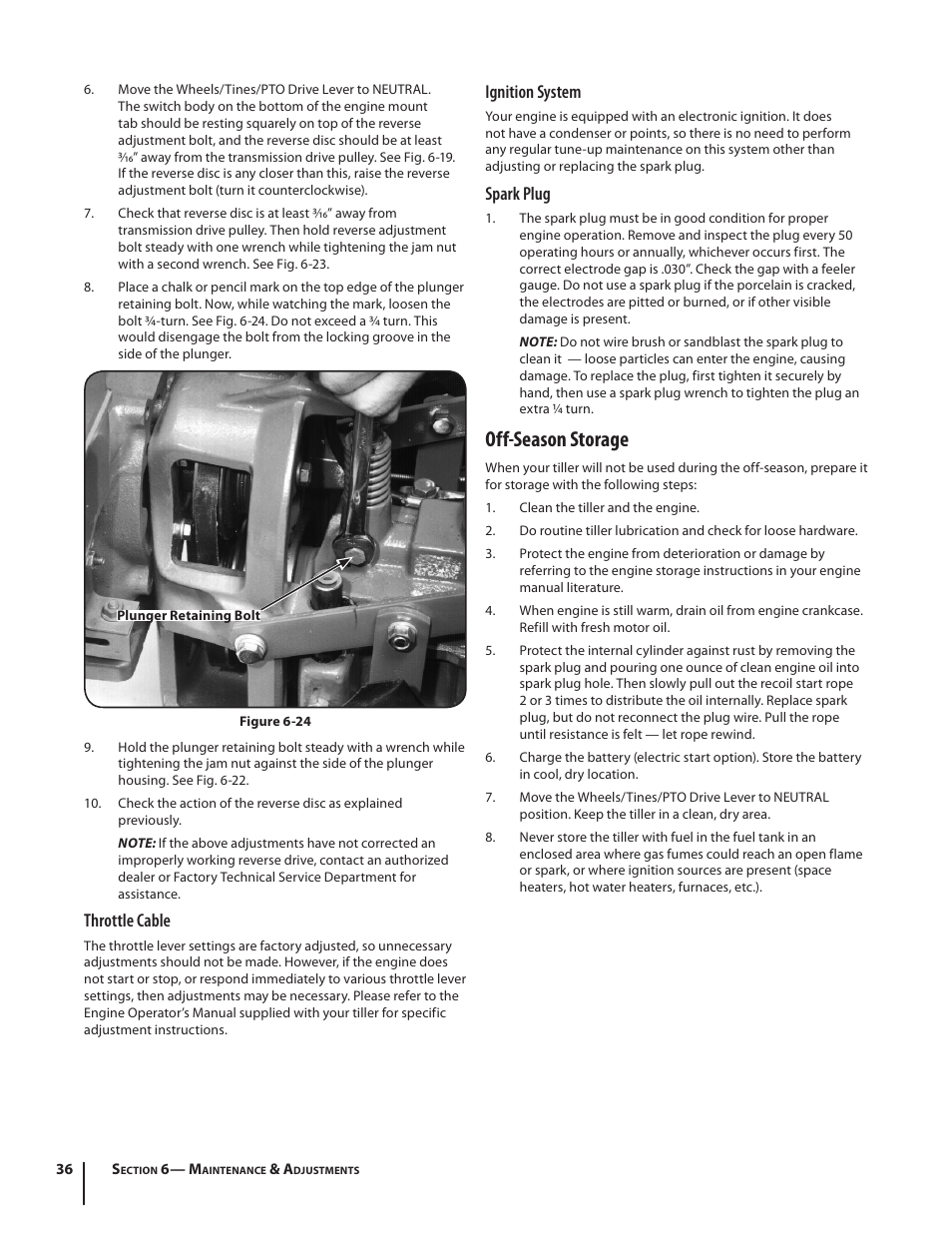 Off-season storage, Throttle cable, Ignition system | Spark plug | Troy-Bilt 682 User Manual | Page 36 / 44