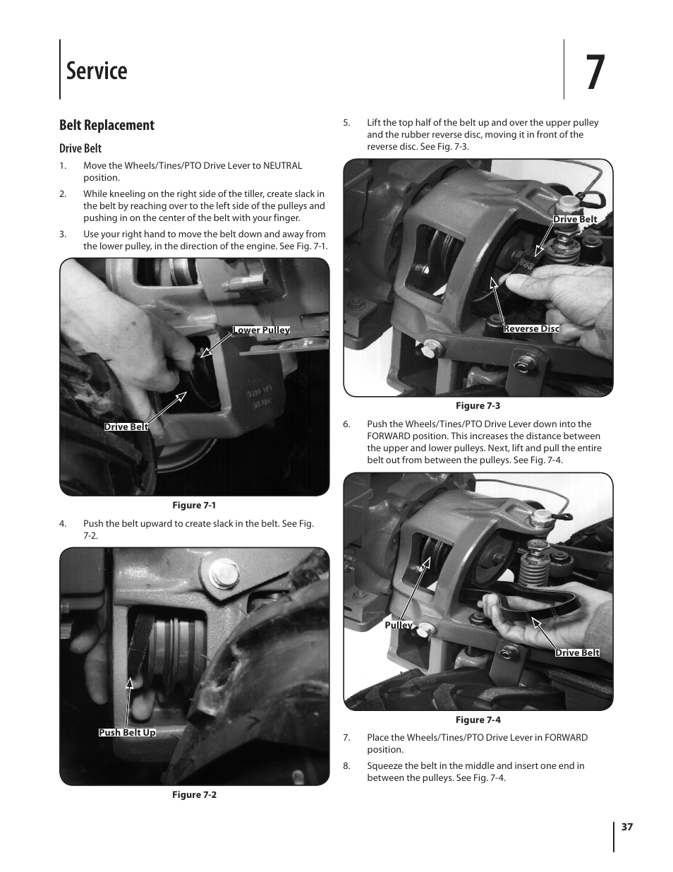 Service, Belt replacement | Troy-Bilt 682 User Manual | Page 37 / 44