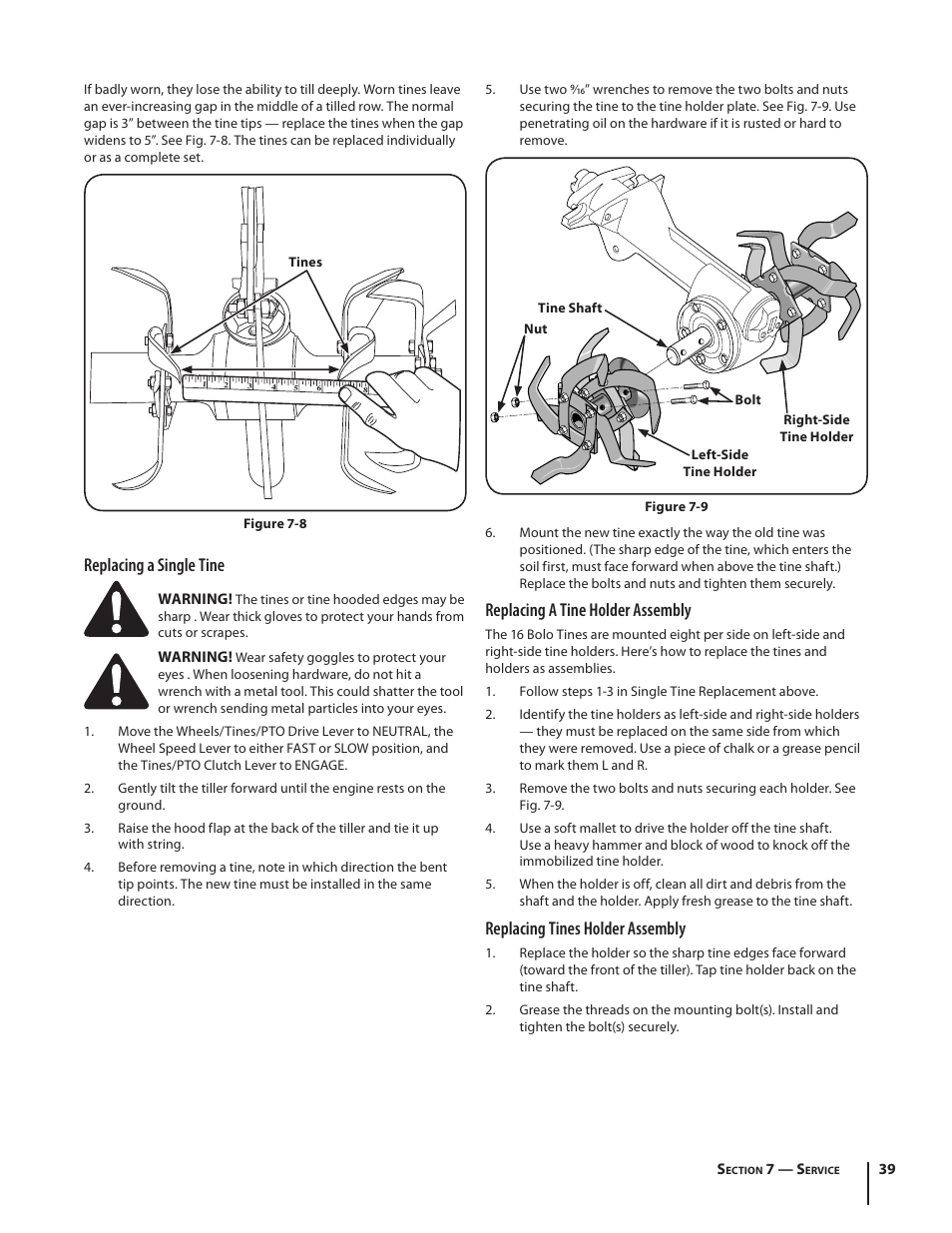 Replacing a single tine, Replacing a tine holder assembly, Replacing tines holder assembly | Troy-Bilt 682 User Manual | Page 39 / 44