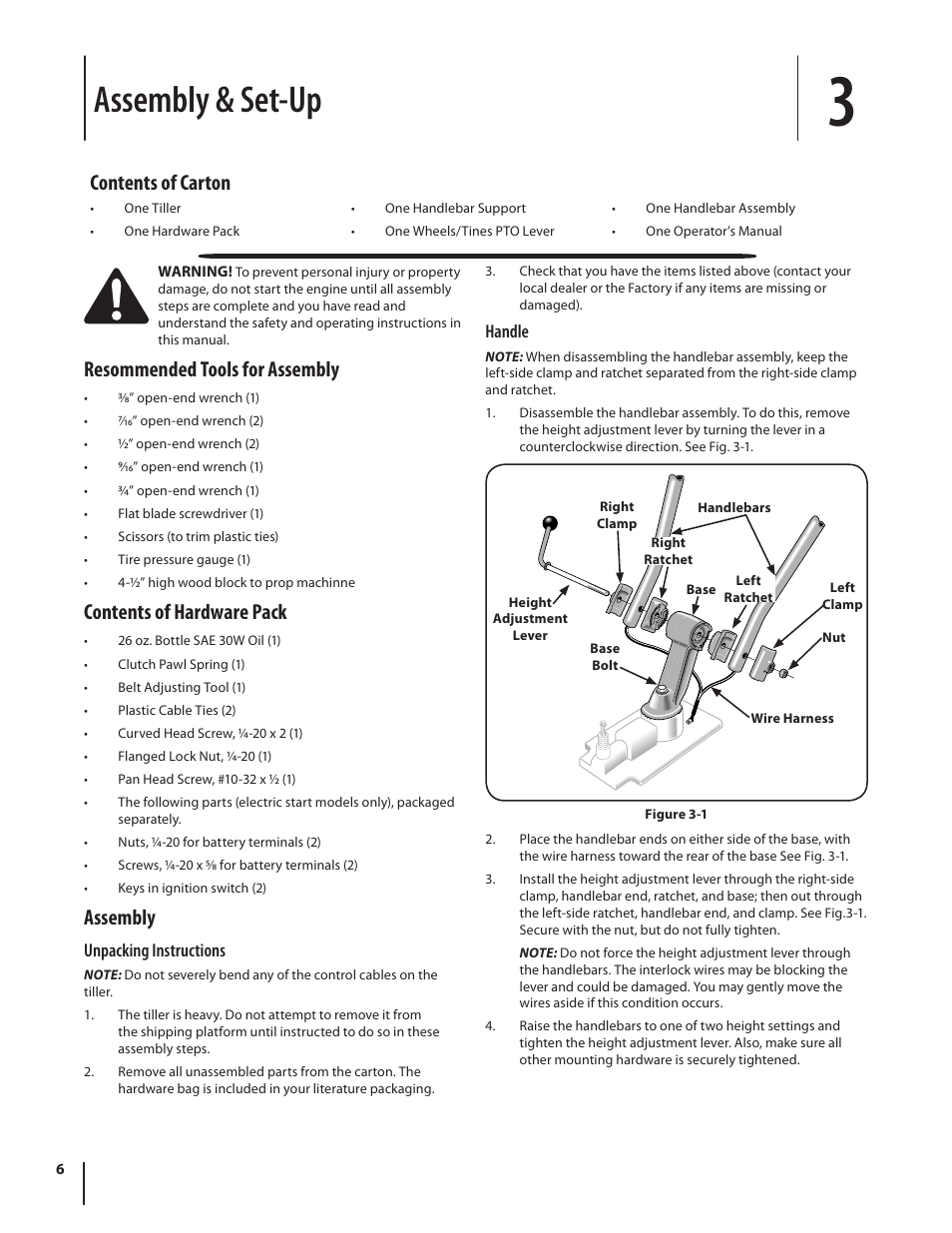 Assembly & set-up, Resommended tools for assembly, Contents of hardware pack | Assembly, Contents of carton | Troy-Bilt 682 User Manual | Page 6 / 44