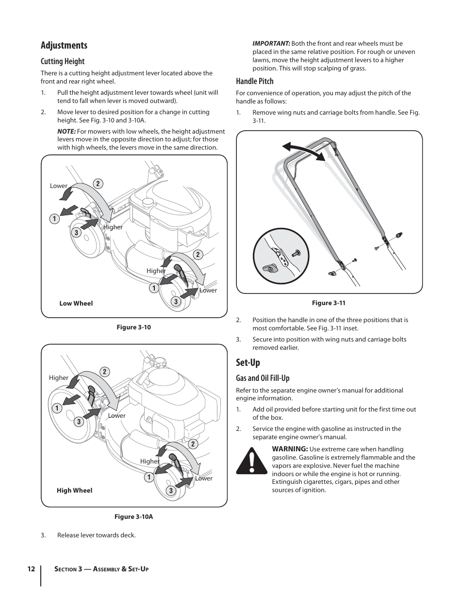 Adjustments, Set-up, Cutting height | Handle pitch, Gas and oil fill-up | Troy-Bilt TB130 User Manual | Page 12 / 40