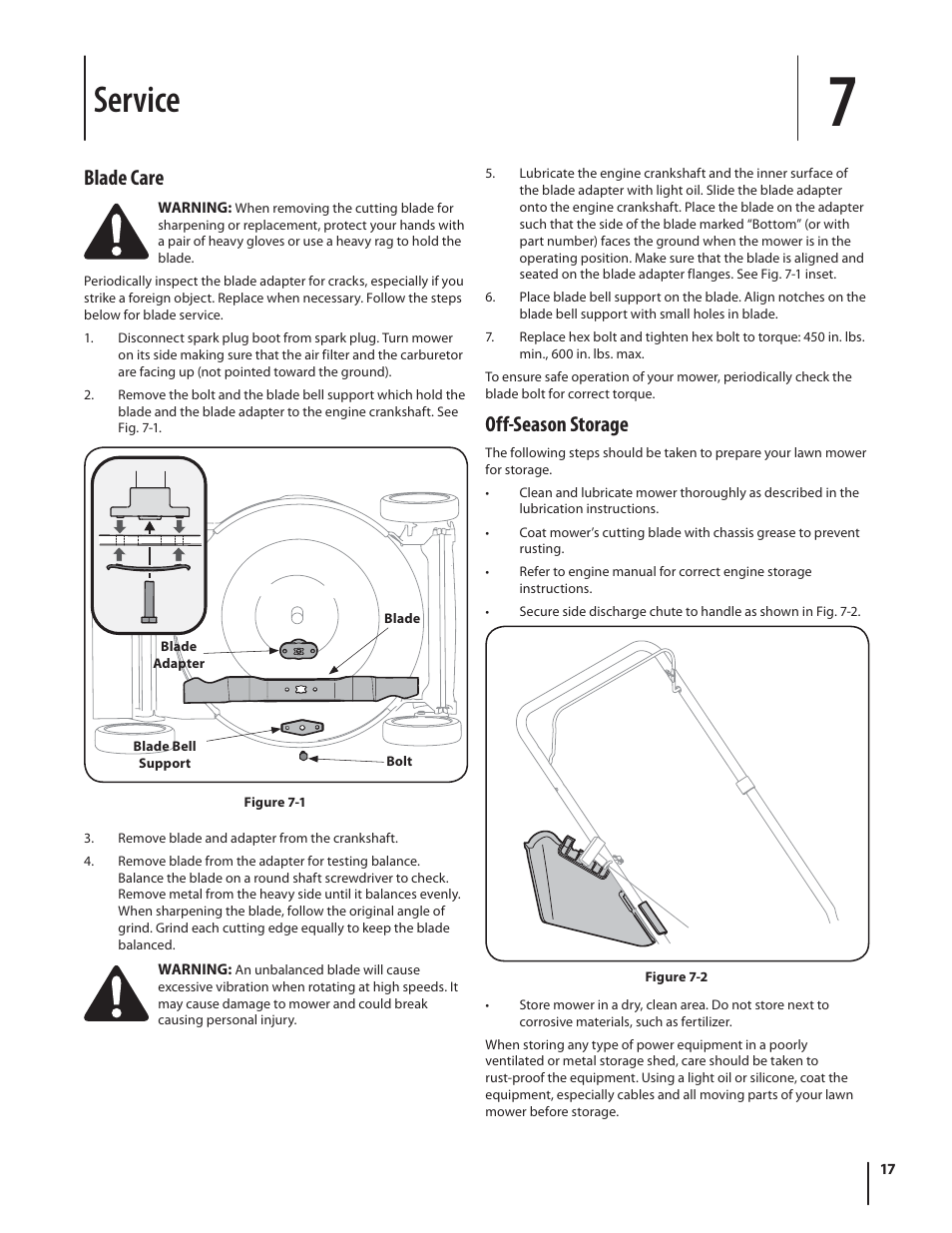 Service, Blade care, Off-season storage | Troy-Bilt TB130 User Manual | Page 17 / 40