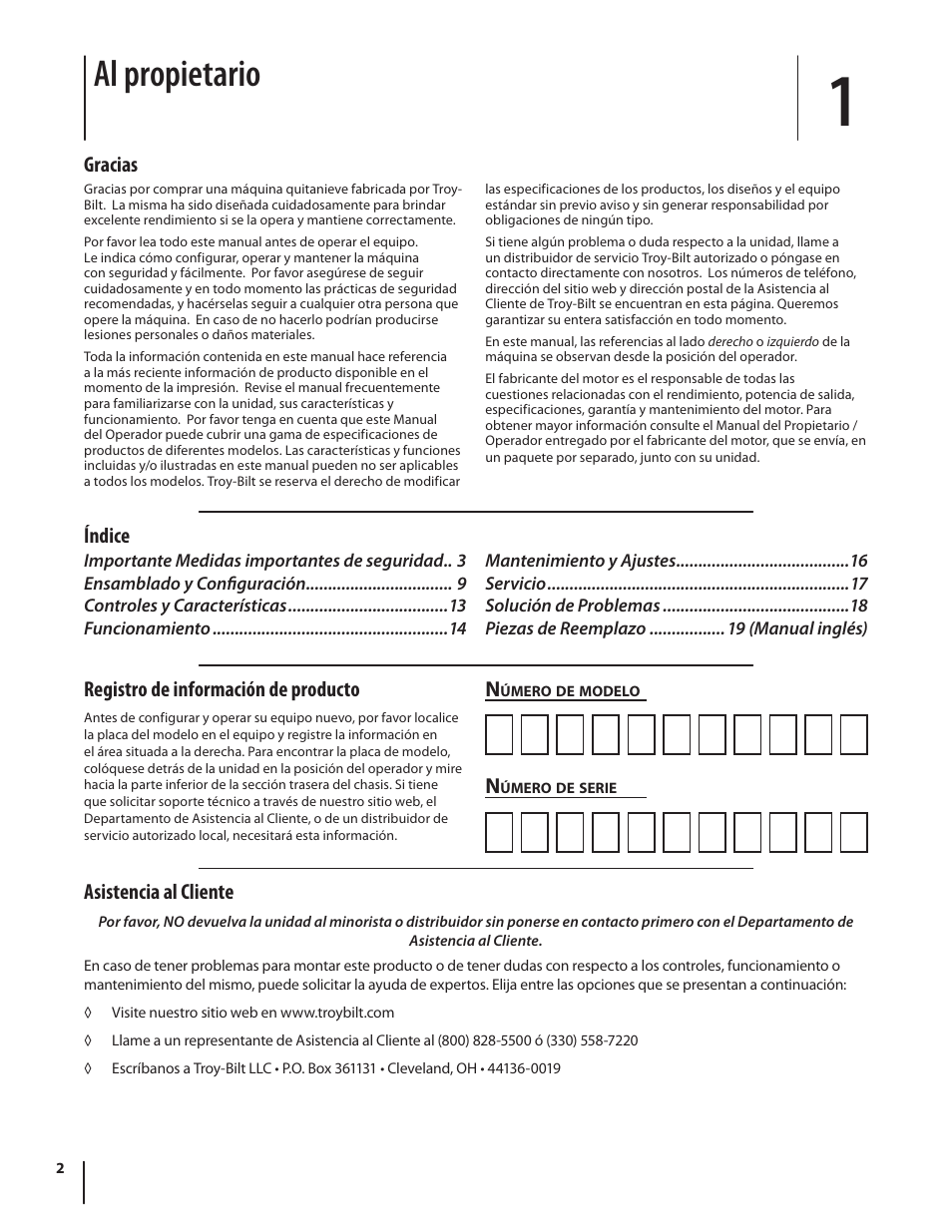 Al propietario, Asistencia al cliente, Gracias | Índice n, Registro de información de producto | Troy-Bilt TB130 User Manual | Page 22 / 40