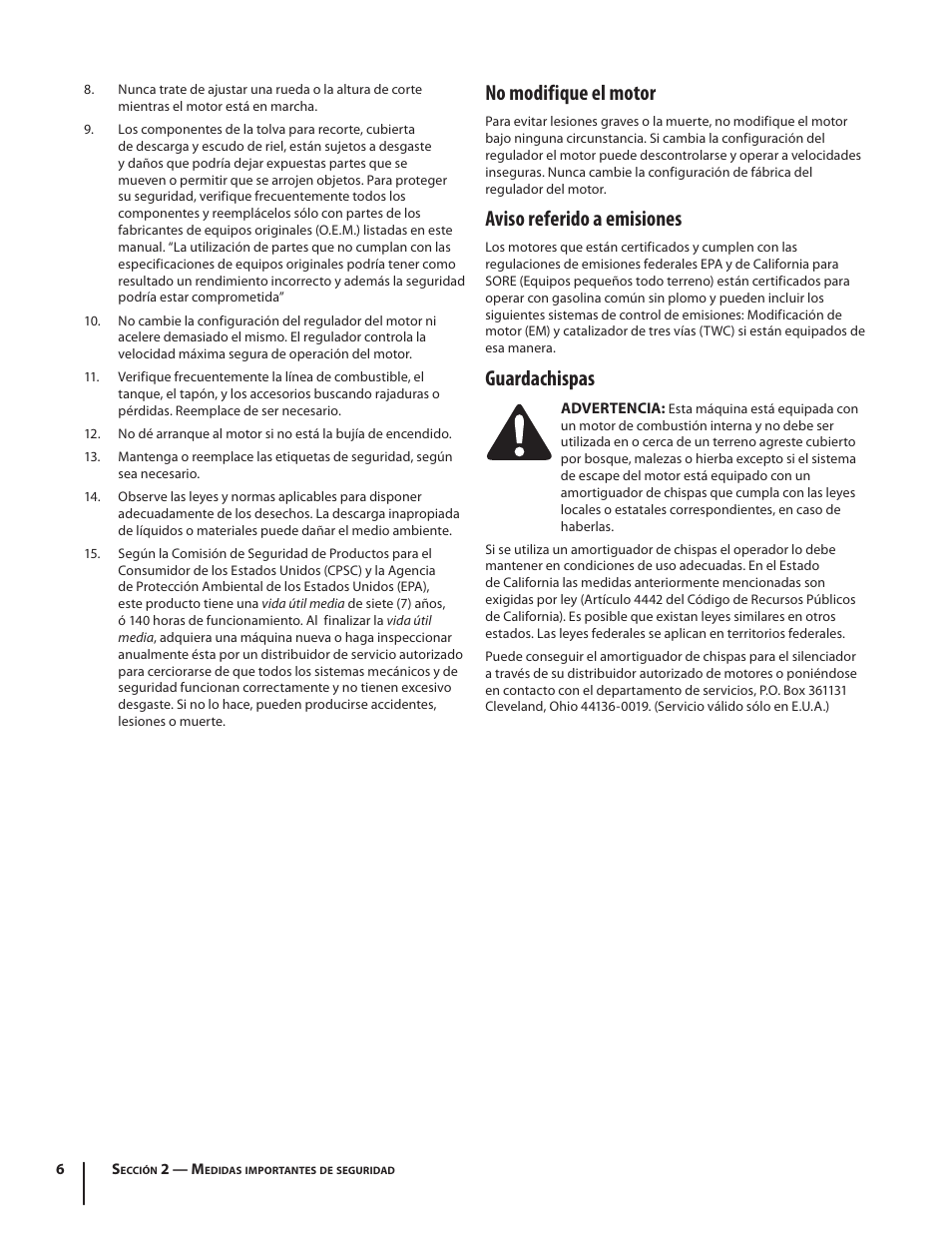 No modifique el motor, Aviso referido a emisiones, Guardachispas | Troy-Bilt TB130 User Manual | Page 26 / 40