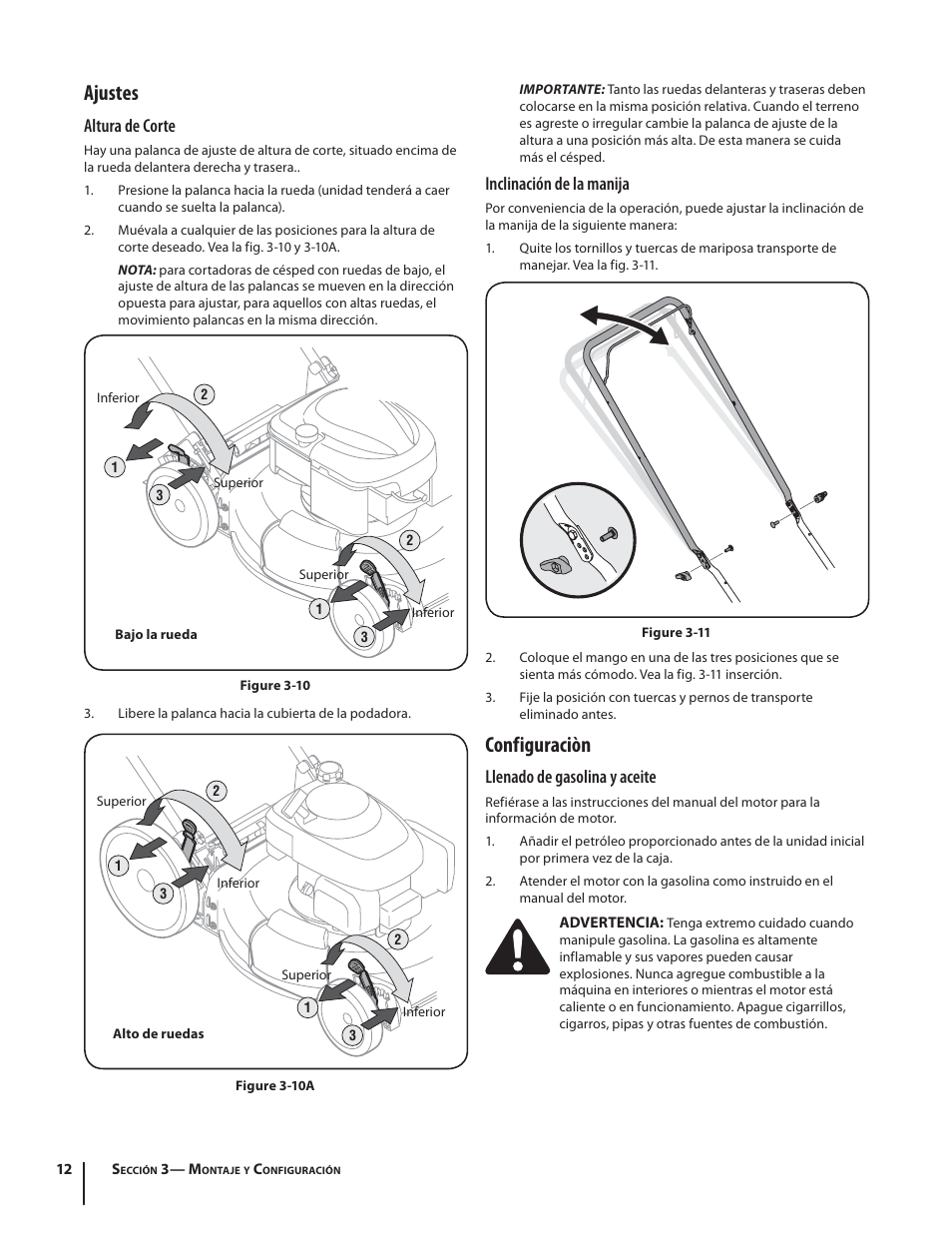 Configuraciòn, Ajustes, Inclinación de la manija | Llenado de gasolina y aceite, Altura de corte | Troy-Bilt TB130 User Manual | Page 32 / 40