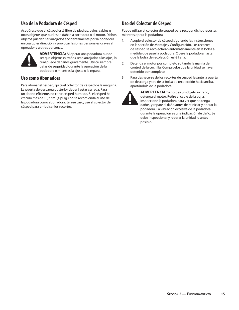 Uso de la podadora de césped, Uso como abonadora, Uso del colector de césped | Troy-Bilt TB130 User Manual | Page 35 / 40
