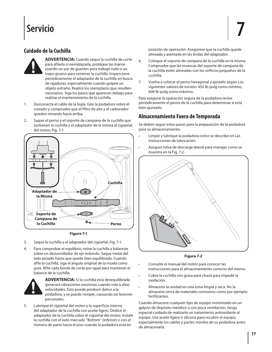 Servicio, Almacenamiento fuera de temporada, Cuidado de la cuchilla | Troy-Bilt TB130 User Manual | Page 37 / 40