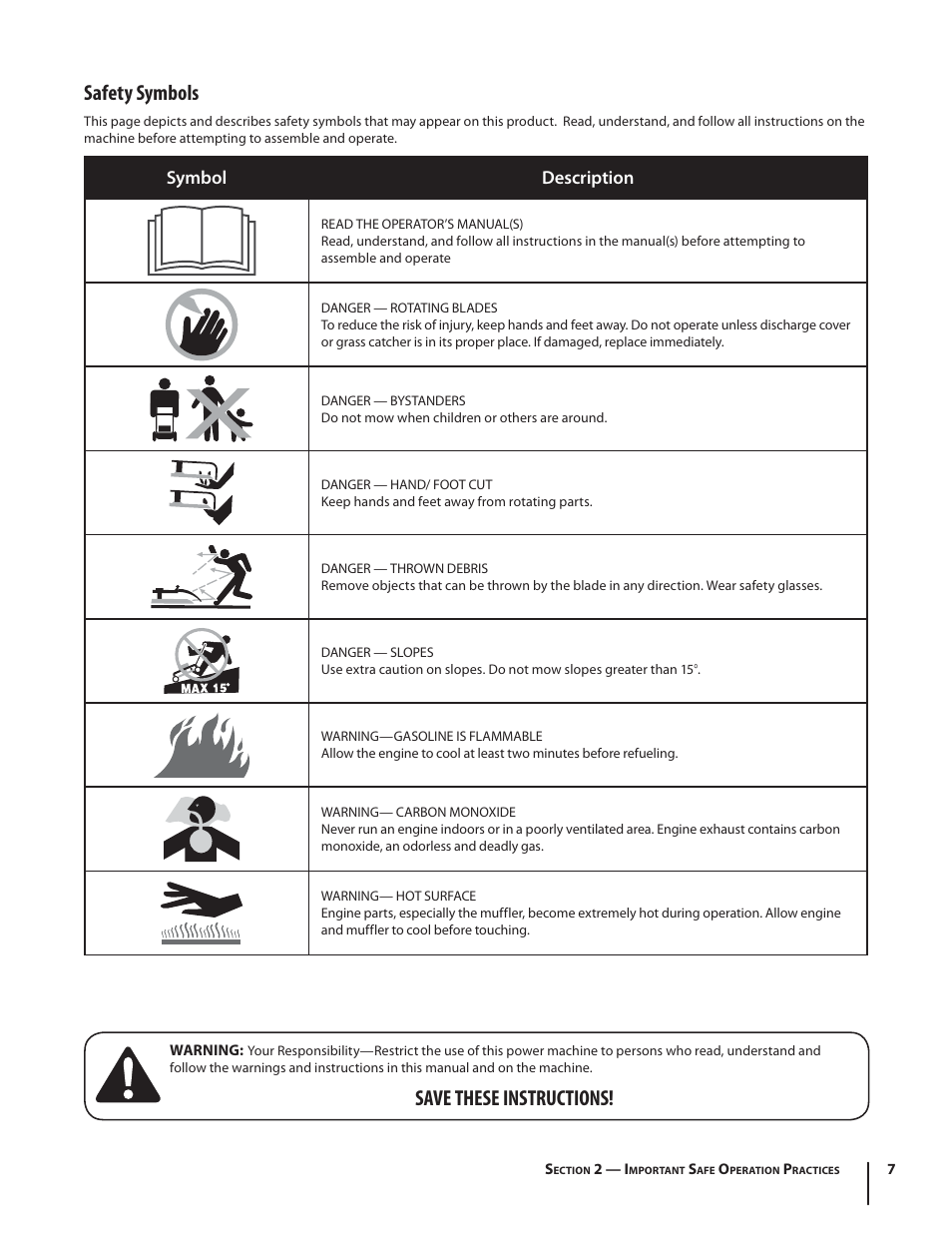 Save these instructions! safety symbols, Symbol description | Troy-Bilt TB130 User Manual | Page 7 / 40