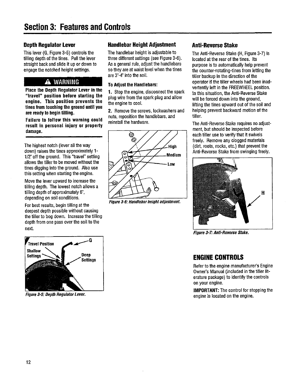 Depth regulator lever, A warning, Handlebar height adjustment | To adjust the handlebars, Anti-reverse stake, Depth regulator lever handlebar height adjustment, Engine controls | Troy-Bilt 12214-5.5HP User Manual | Page 12 / 36