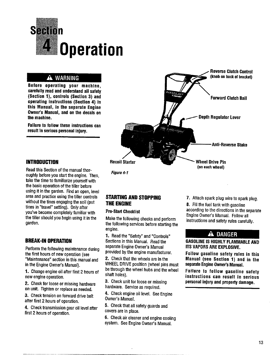4 operation, A warning, Introduction | Break-in operation, Starting and stopping the engine, A danger | Troy-Bilt 12214-5.5HP User Manual | Page 13 / 36