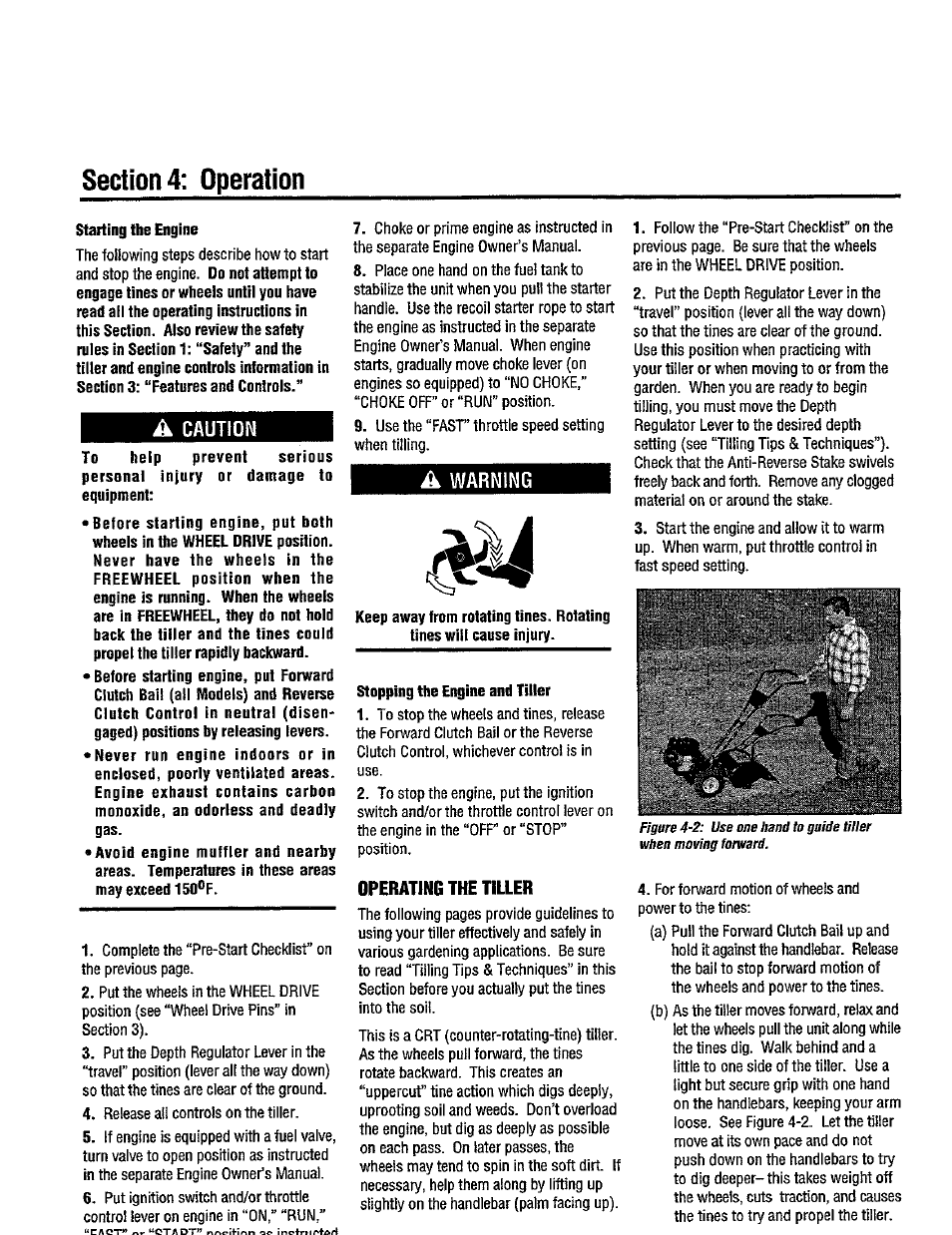 Section 4; operation, Starting the engine, A caution | A warning, Stopping the engine and titter, Operating the tiller, Section 4: operation, Caution, Warning | Troy-Bilt 12214-5.5HP User Manual | Page 14 / 36