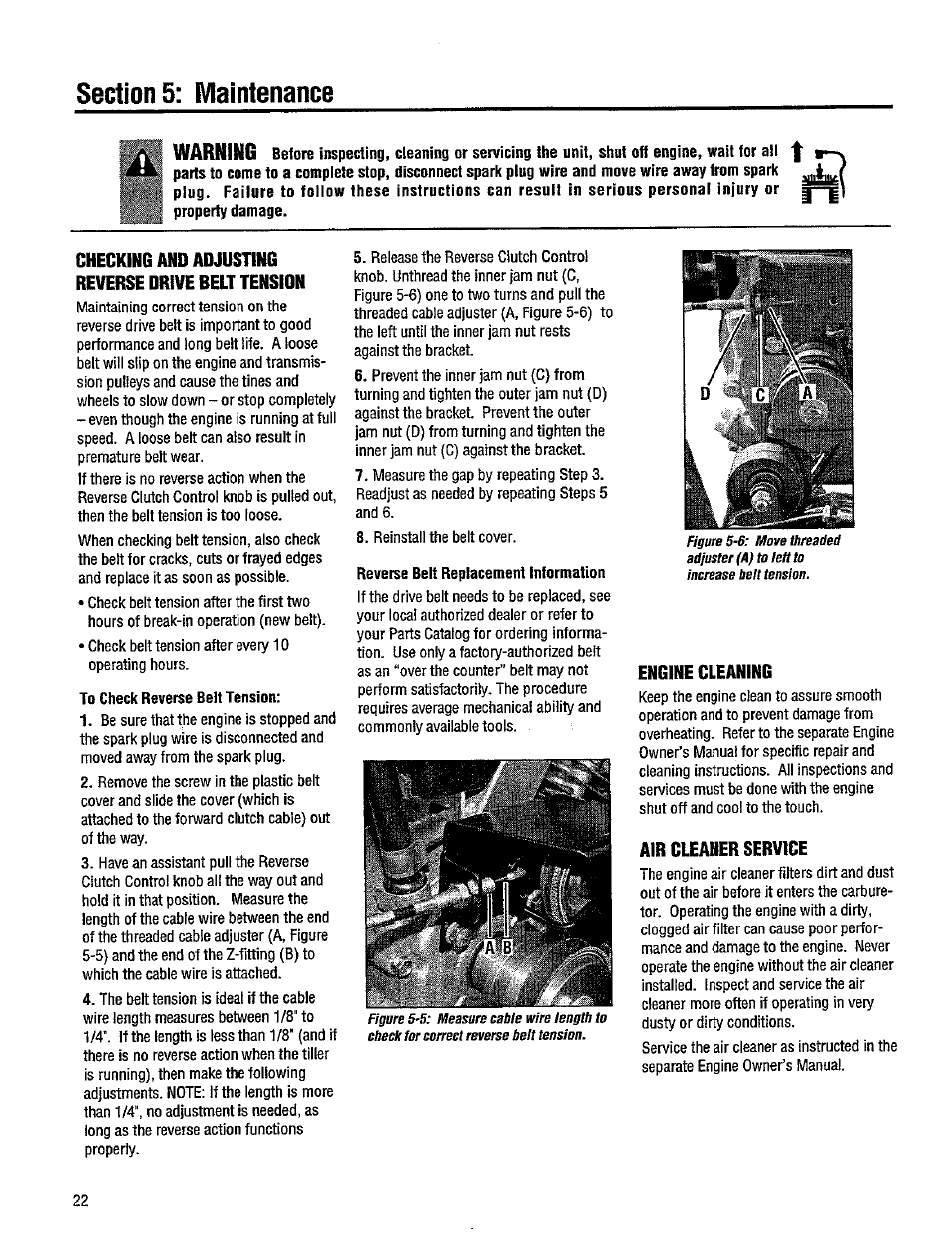 Checking and adjusting reverse drive belt tension, To check reverse belt tension, Reverse belt replacement information | Engine cleaning, Air cleaner service, Checking and adjusting reverse drive beit tension, Warning | Troy-Bilt 12214-5.5HP User Manual | Page 22 / 36