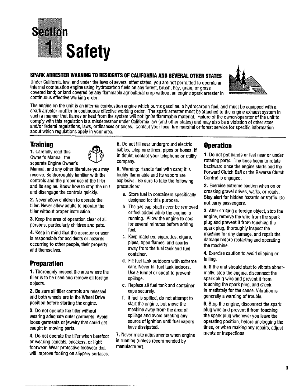 1 safety, Training, Preparation | Operation | Troy-Bilt 12214-5.5HP User Manual | Page 3 / 36