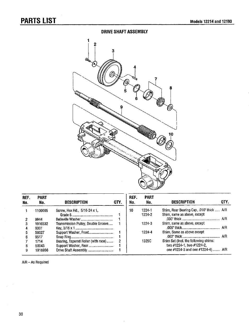 Drive shaft assembly, Parts list | Troy-Bilt 12214-5.5HP User Manual | Page 30 / 36
