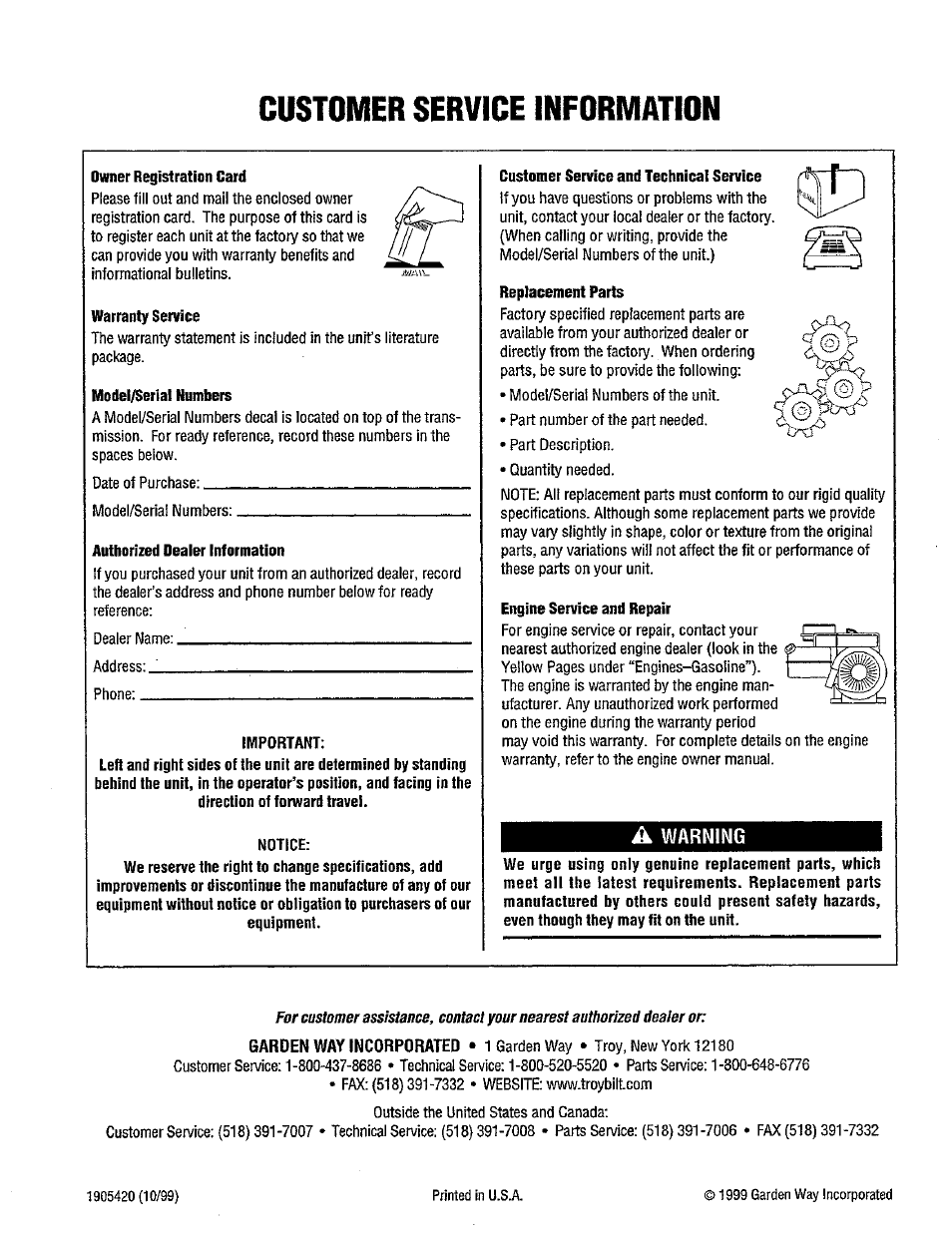 Customer service information | Troy-Bilt 12214-5.5HP User Manual | Page 36 / 36