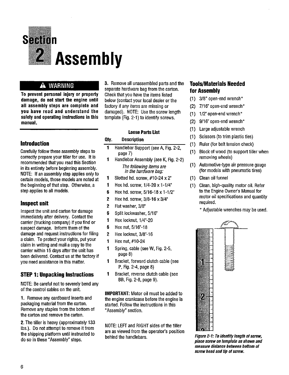 2 assembly, Jk warning, Introduction | Inspect unit, Step 1; unpacking instructions, Loose parts list, Tools/materials needed for assembly, Warning | Troy-Bilt 12214-5.5HP User Manual | Page 6 / 36