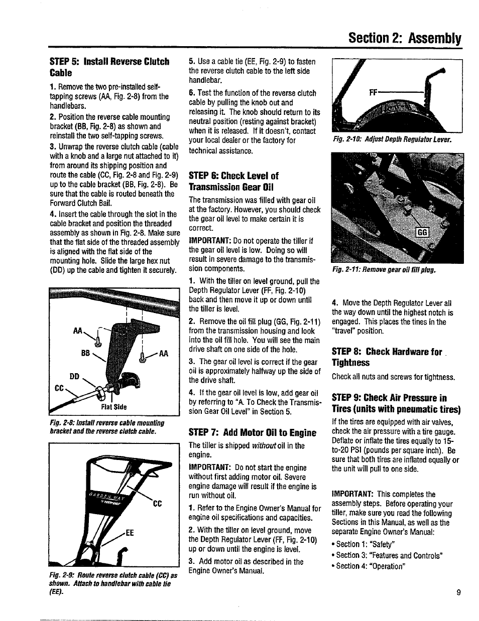 Stef 5; install reverse clutch cable, Stef 6: check level of transmission gear oil, Stef 7: add motor oil to engine | Stef 8: check hardware for tightness, Install reverse clutch cable, Check level of transmission gear oil, Add motor oil to engine, Check hardware for tightness | Troy-Bilt 12214-5.5HP User Manual | Page 9 / 36