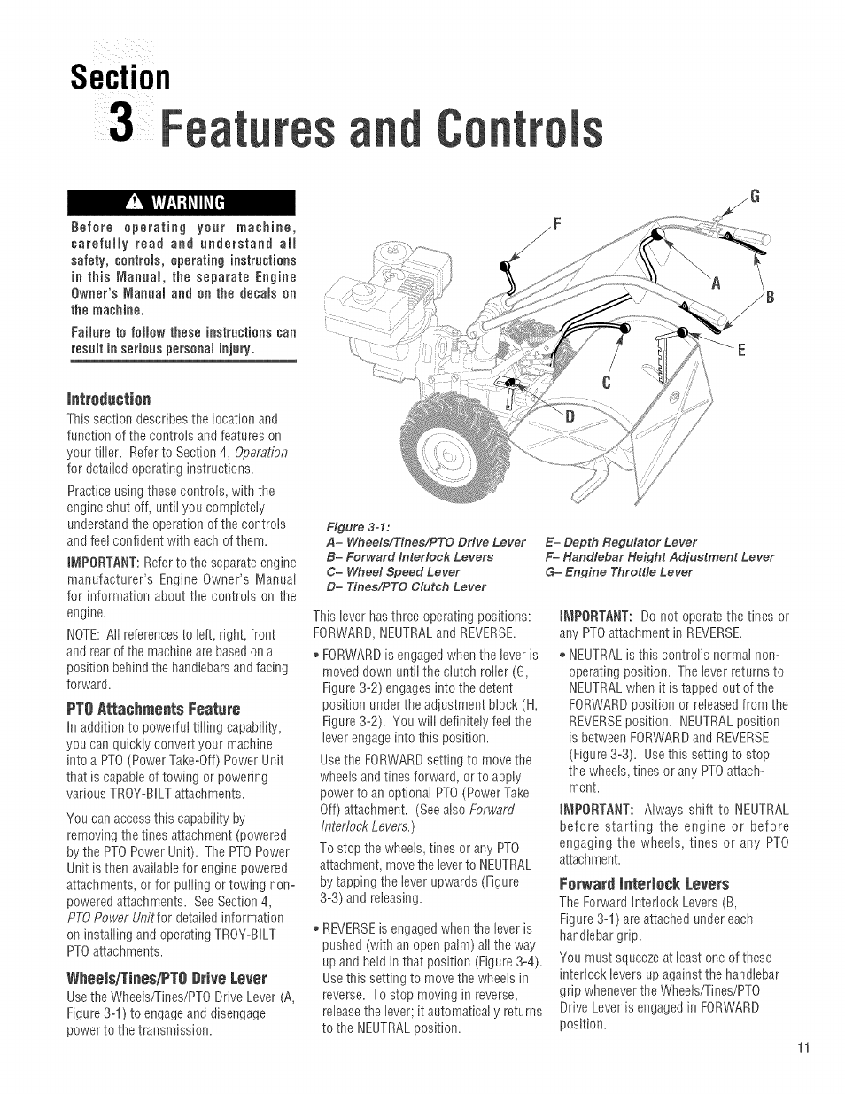 3 features and controls, Litrodiction, Ffleels/tines/pto mm lewer | Forwari interlock lewers | Troy-Bilt 682J User Manual | Page 11 / 64