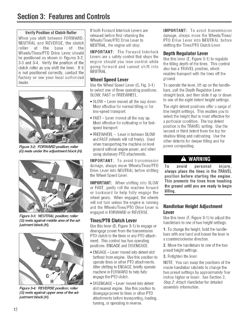 A warning, Wieel speed liter, Tines/pto clutch lewer | Iepti regulator leter, Haidlebar height adjustment lewif | Troy-Bilt 682J User Manual | Page 12 / 64
