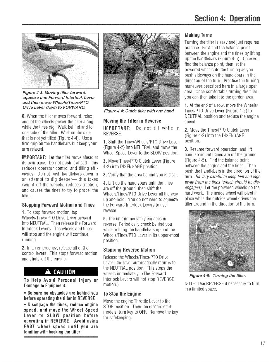 A caution, Moving the tiller in reverse | Troy-Bilt 682J User Manual | Page 17 / 64