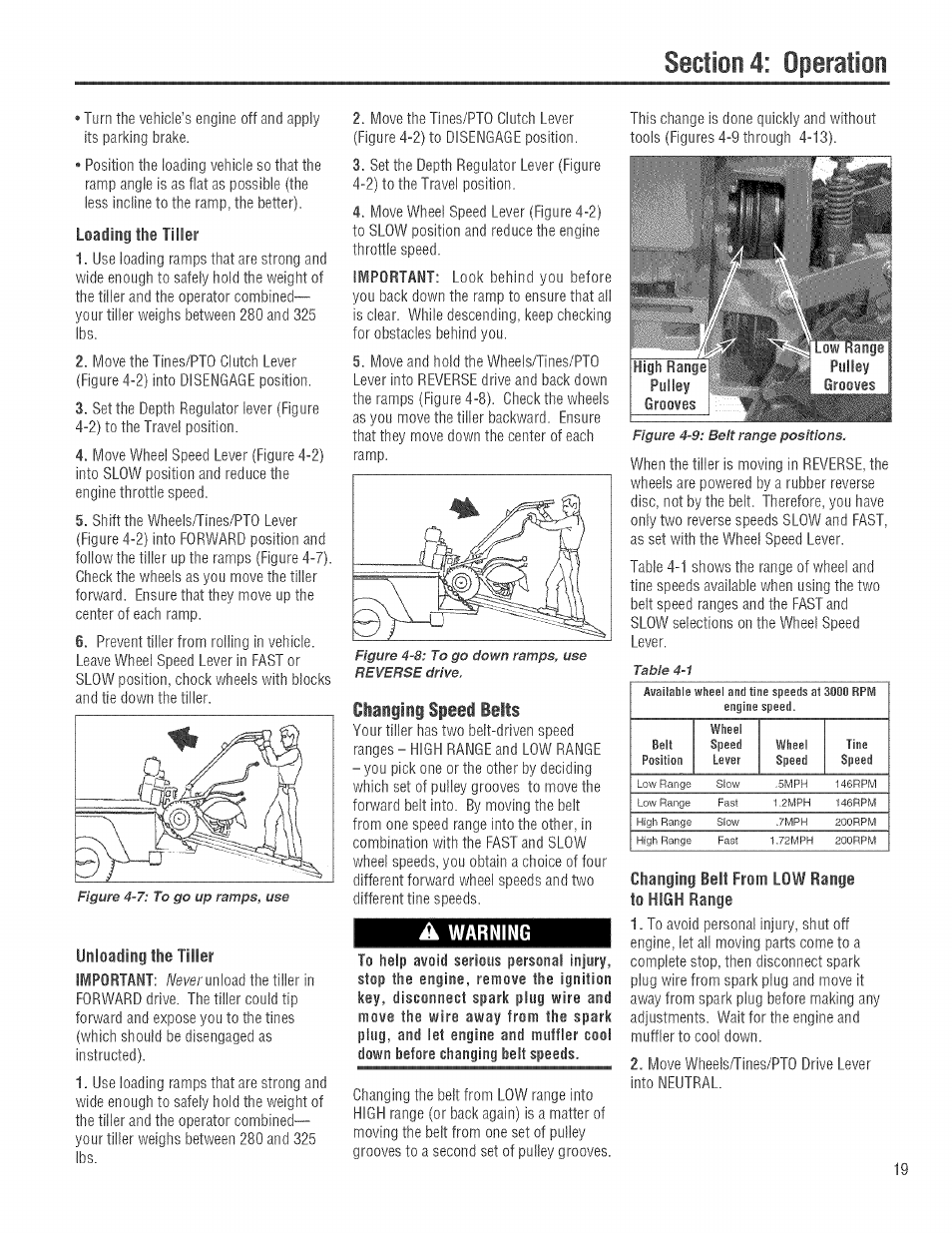 Unloading the tiller, A warning, Changing belt from low range to high range | Clangiii, Belts, Loading the tiller, Warning, Belt | Troy-Bilt 682J User Manual | Page 19 / 64