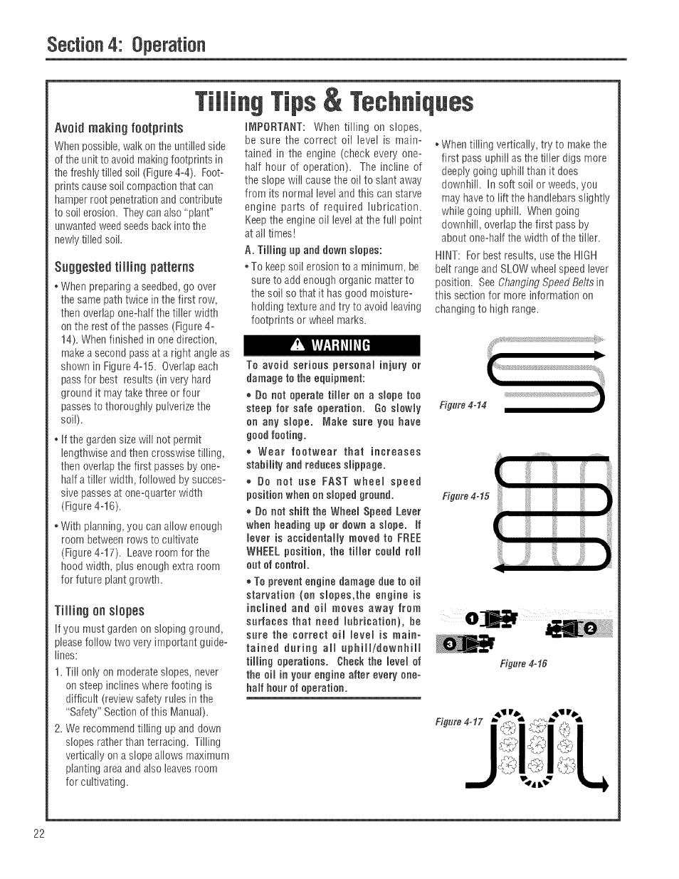 A warning, Tilling tips & techniques | Troy-Bilt 682J User Manual | Page 22 / 64