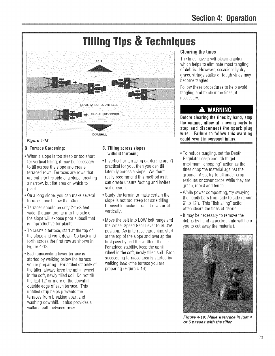 Clearing the tines, A warning, Hhphi | Tilling tips & techniques | Troy-Bilt 682J User Manual | Page 23 / 64